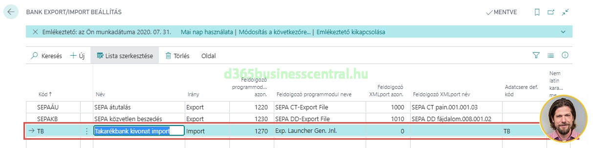 Business Central Bank import export beállítás