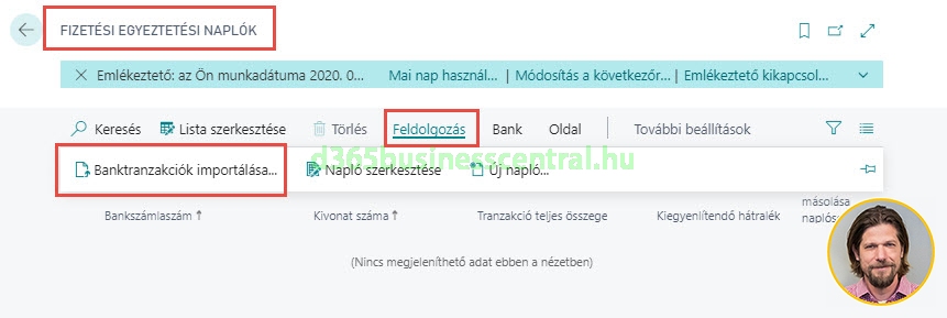 Business Central bankkivonat importja