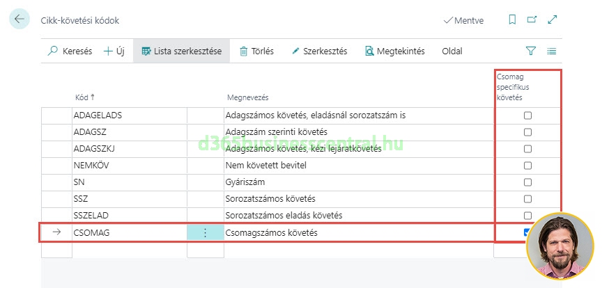 Business Central - csomagszámos cikk-követés
