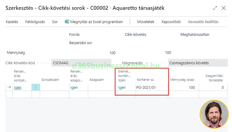 Business Central - cikk-követés megadása