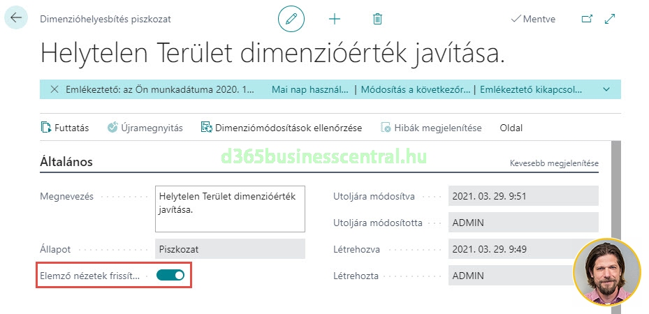 Business Central dimenziók helyesbítése