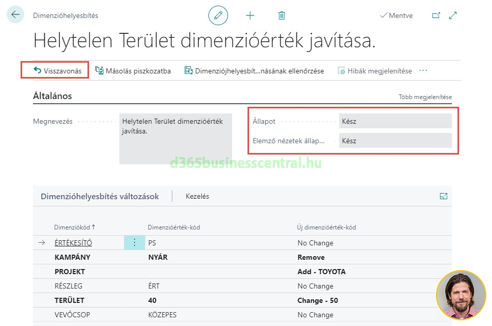 Business Central dimenzióhelyesbítés visszavonása