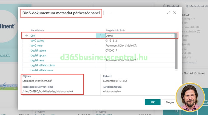 Business Central dokumentumkezelés - kulcszavak szerkesztése