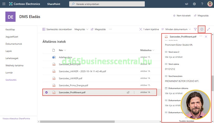 Business Central dokumentumkezelés - SharePoint kulcsazavak