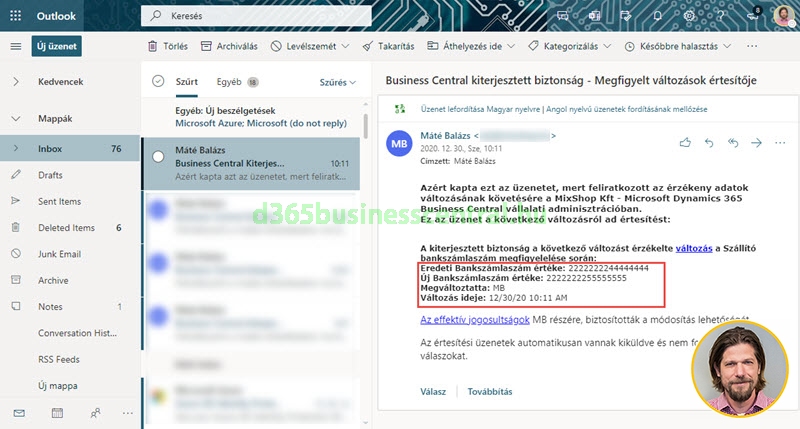 Business Central - Kiterjesztett biztonság, email értesítő