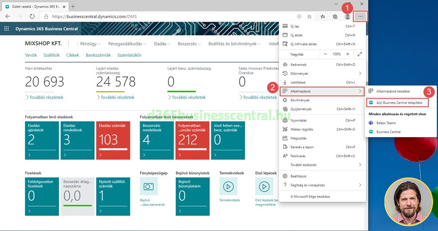 Business Central telepítése Microsoft Edge böngészőből