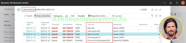 Business Central - vevő tételek névvel