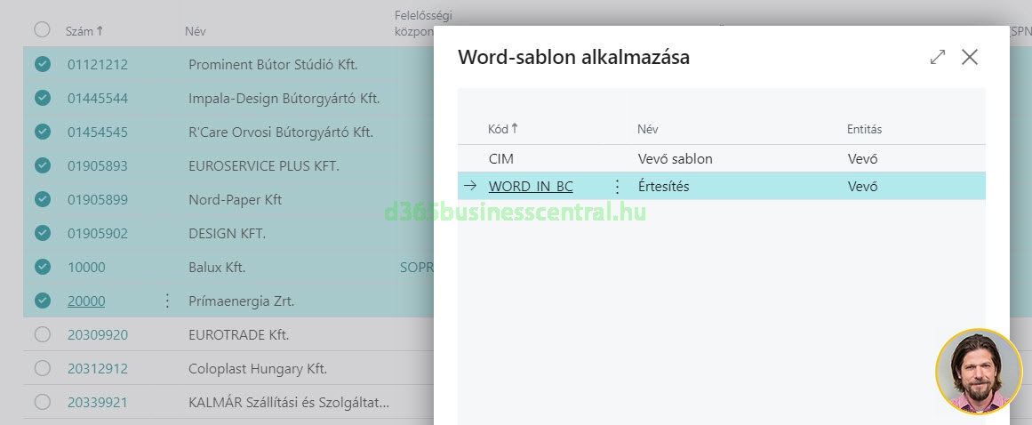 Word sablon alkalmazása Business Central-ban