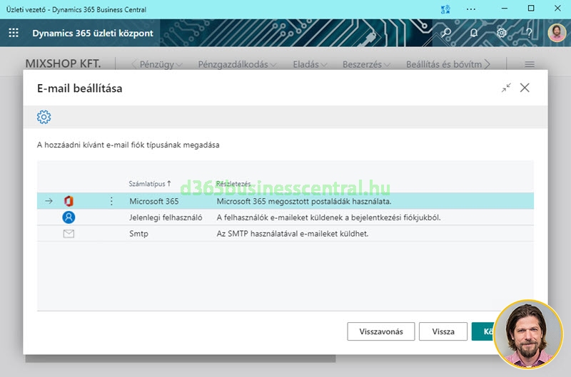 Email fiók megadása Business Central-ban