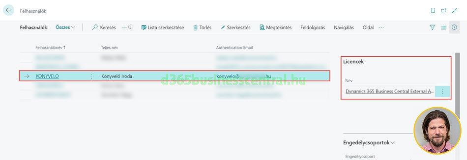 Business Central külső könyvelő meghívása licenc