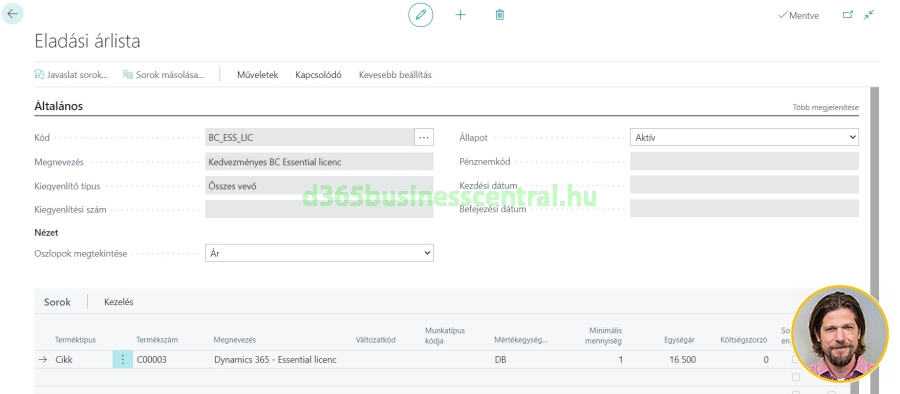 Eladási árlista ismétlődő számlázáshoz Business Centralban