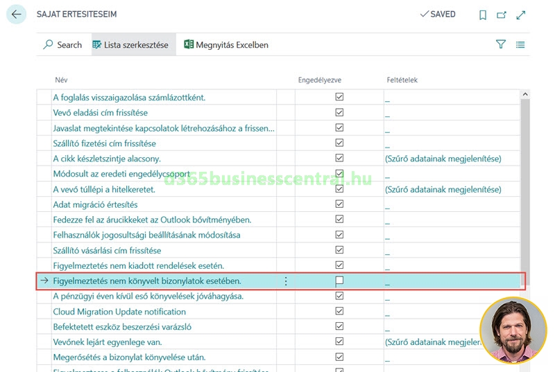 Dynamics 365 Business Central értesítések kikapcsolása