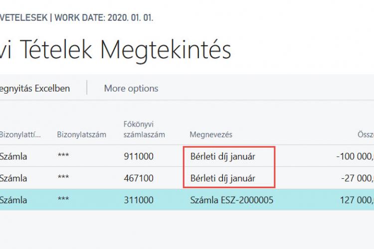 Bizonylatszövegek örökítése a főkönyvi tételekbe